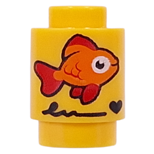 Lego Brick Round 1 x 1 with Gold Fish print / Yellow