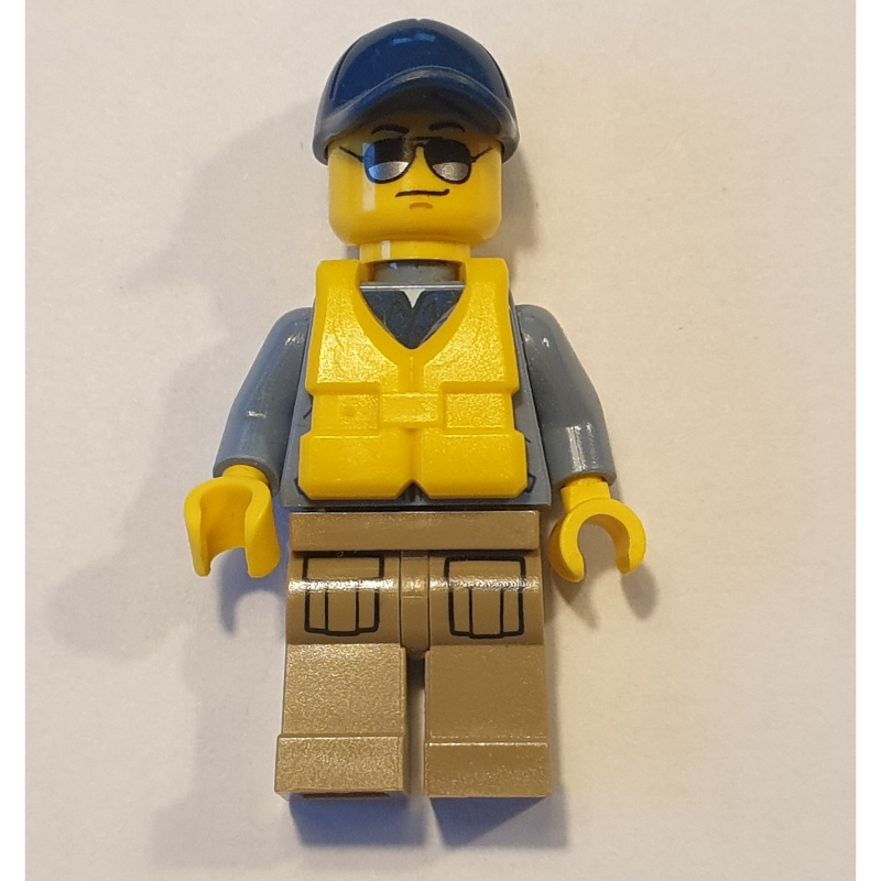 Lego Policeman, Sand Blue Jacket with Pockets and 'POLICE' on Back, Dark Blue Cap, Yellow Life Vest, Sunglasses