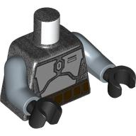 Lego Torso, Silver Mandalorian Armor, Dark Brown Belt print, Sand Blue Arms, Black Hands / Pearl Titanium