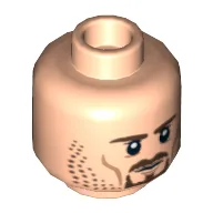 Minifig Head Aragorn, Dual Sided, Brown Beard and Stubble Stern / Clenched Teeth Print [Hollow Stud] / Light Nougat