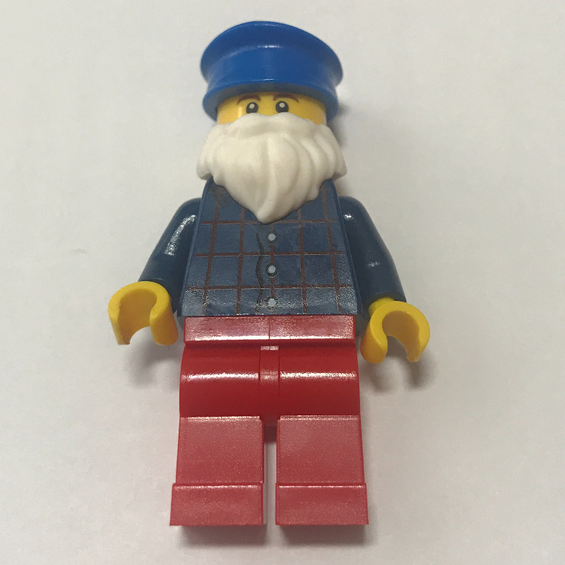 Lego Man, Dark Blue Plaid Shirt, Red Legs, Blue Hat, White Beard
