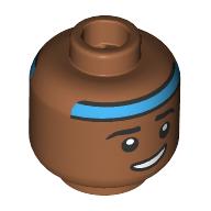 Lego Minifig Head Pavitr Prabhakar, Eyebrows, Blue Head Band, Lopsided Grin, Raided Eyebrow / Angry Scowl / Sienna Brown