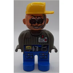 Duplo Figure, Early, Cap Yellow, Blue Legs, ID Badge with Belt, Sunglasses Print (Action Wheeler) / Dark Gray