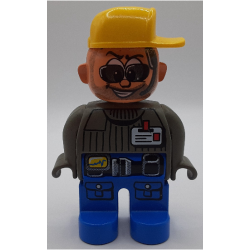 Lego Duplo Figure, Early, Cap Yellow, Blue Legs, ID Badge with Belt, Sunglasses Print (Action Wheeler) / Dark Gray