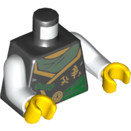 Lego Torso Robe with Dark Green Sash, Gold Asian Characters, Torn / Purple Tattoo on Back Print, White Arms, Yellow Hands / Black