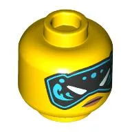 Minifig Head Nya, Black and Bright Light Blue Eye Mask / Beauty Mark, Determined Stare Print / Yellow