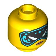Lego Minifig Head Nya, Black and Bright Light Blue Eye Mask / Beauty Mark, Determined Stare print / Yellow