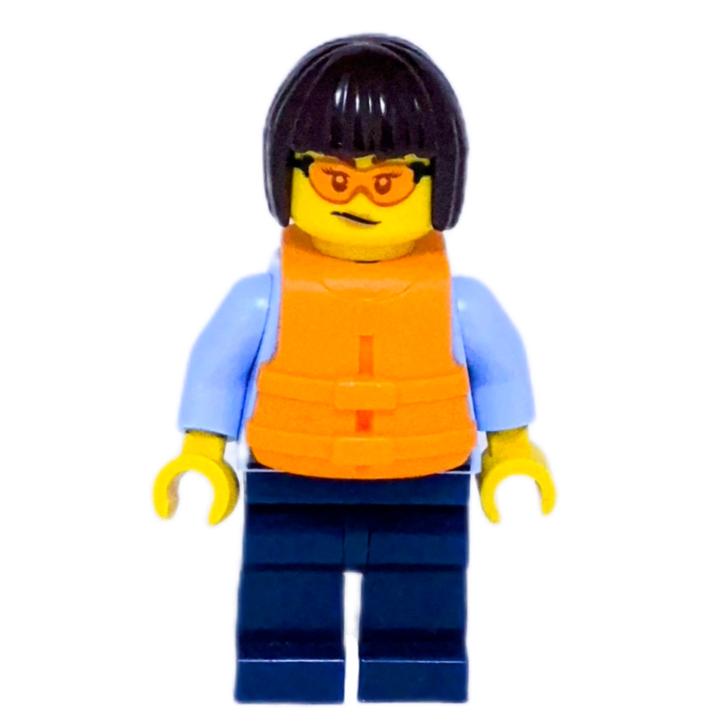 Lego Police Officer, Bright Light Blue Shirt, Dark Blue Legs, Orange Life Jacket