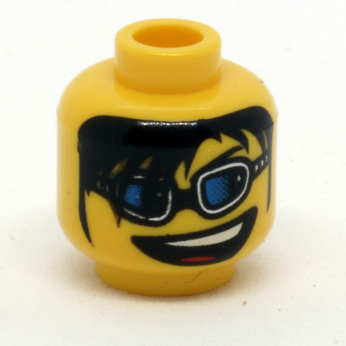 Lego Minifig Head, Blue Glasses, Long Black Bangs and Open Mouth Print [Blocked Open Stud] / Yellow
