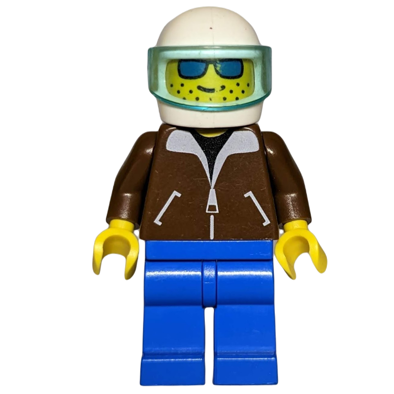 Lego Man, Brown Jacket, Blue Legs, White Helmet with Visor, Blue Sunglasses