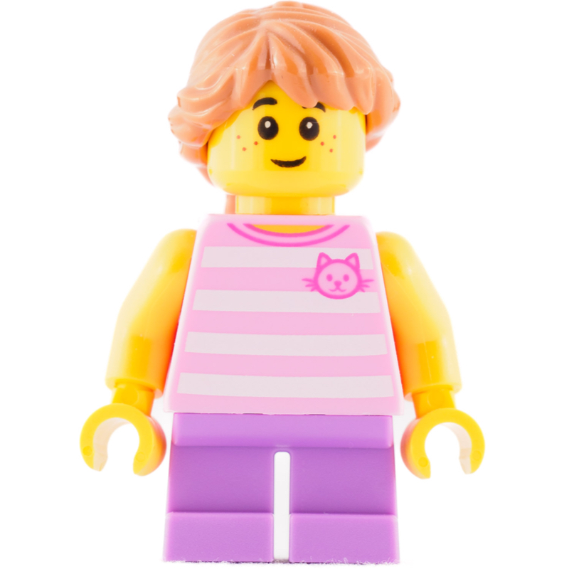 Lego Kid, Bright Pink Torso, Medium Lavender Legs, Medium Nougat Hair