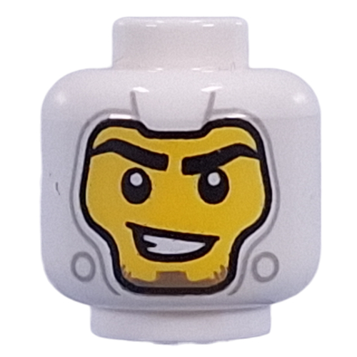 Lego Minifig Head Facemask, Yellow Face, Black Eyebrows, Breathing Mask / Crooked Smile / White