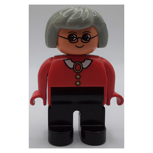 Lego Duplo Figure, Early, Hair Bob Light Gray, Black Legs, White Collar and Buttons, Glasses Print / Red