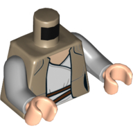 Lego Torso Jacket, Open over White Tunic and Reddish Brown Rope Belt Print (Luke Skywalker), Light Bluish Gray Arms, Light Nougat Hands / Dark Tan