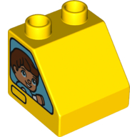 Lego Duplo Brick 2 x 2 Slope 45° with Window with Boy & Girl on Opposite Sides Print / Yellow