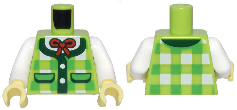Lego Torso Bright Green and White Plaid Vest with Dark Green Pockets and Trim, White Buttons and Shirt, and Red Bow Pattern / White Arms / Bright Light Yellow Hands