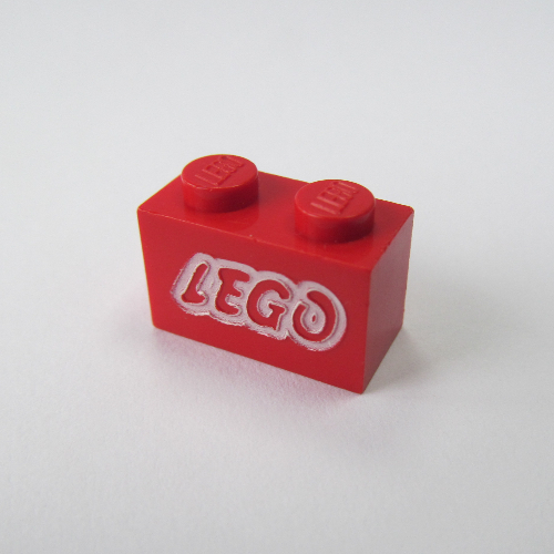 Lego Brick 1 x 2 with LEGO Logo Open O White Outline Print / Red