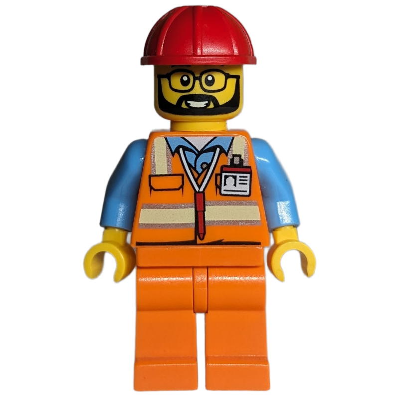 Lego Worker - Orange Safety Vest, Orange Legs, Red Helmet