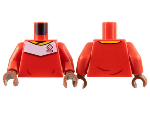 Lego Torso Soccer Uniform, Yellow Collar, White Shoulder Panel, Dark Red Dice Logo Pattern / Red Arms / Reddish Brown Hands