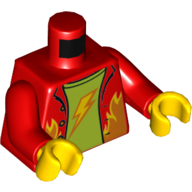 Lego Torso Shirt, Open with Flames, Lime Undershirt with Lightning Bolt Print, Red Arms, Yellow Hands / Red
