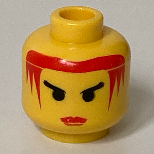 Lego Minifig Head Princess Storm, Red Lips and Red Hair, Angry Black Eyebrows Print / Yellow