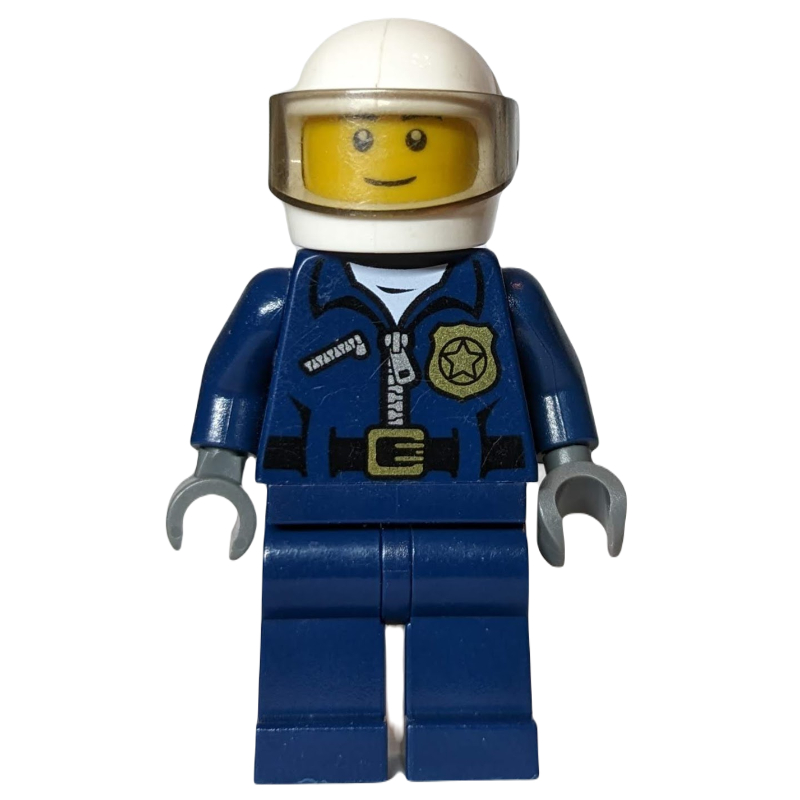 Lego Policeman, Dark Blue Jacket with Zipper, Badge, and 'POLICE' on Back, White Helmet with Visor
