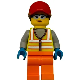 Woman, Vibrant Yellow Safety Vest, Orange Legs, Red Cap, Safety Glasses