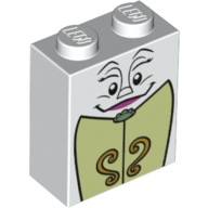Lego Brick 1 x 2 x 2 with Inside Stud Holder with Face and Two Doors with Elaborate Handles Print (Madame de la Grande Bouche) / White