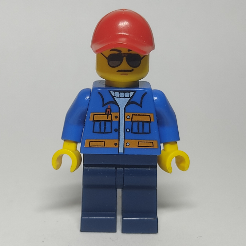 Lego Man, Blue Jacket with Orange Stripes, Dark Blue Legs, Red Cap, Sunglasses - No Backprint