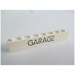 Brick 1 x 8 with 'GARAGE' Thin Narrow Black Print / White