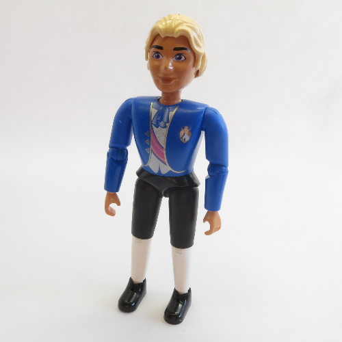 Lego Belville Figure Articulated Elbows, Male, Light Yellow Hair, White Shirt Blue Jacket with Purple Sash and Blue Bow, Black Breeches / Blue