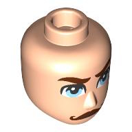 Lego Minidoll Head Male Reddish Brown Eyebrows, Curled Moustache, Bright Light Blue Eyes / Light Nougat