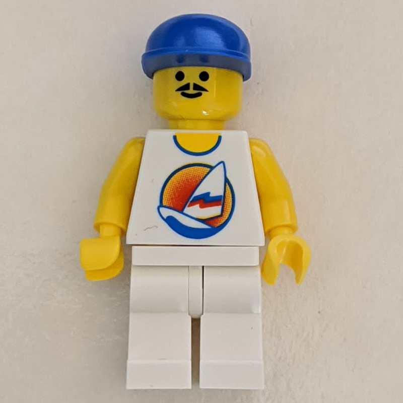 Lego Man, White Tank Top with Windsurfer, White Legs, Blue Cap, Moustache
