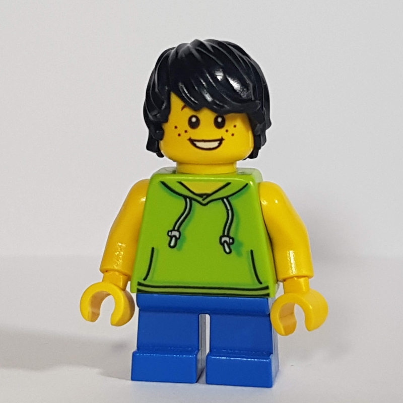 Lego Boy, Lime Hoodie, Short Blue Legs, Black Hair