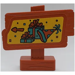 Duplo Sign, Wood Grain with Two Gifts / Presents, Party Hat, and Arrow Print / Dark Orange