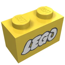 Brick 1 x 2 with LEGO Logo Open O White with Black Outline Print / Yellow