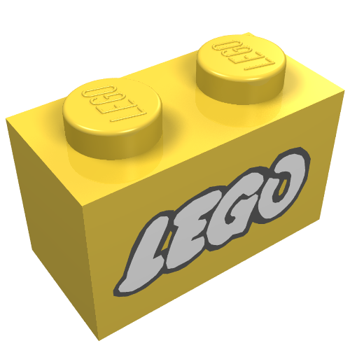Lego Brick 1 x 2 with LEGO Logo Open O White with Black Outline Print / Yellow