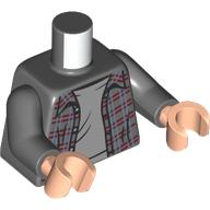 Lego Torso Shirt, Sand Green and Dark Red Plaid, Open over Light Bluish Gray Undershirt Print, Dark Bluish Gray Arms, Light Nougat Hands / Dark Bluish Gray