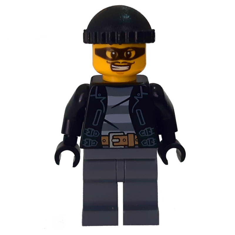 Lego Criminal, Open Black Jacket over Prison Shirt, Dark Bluish Grey Legs, Black Hat, Black Eyemask