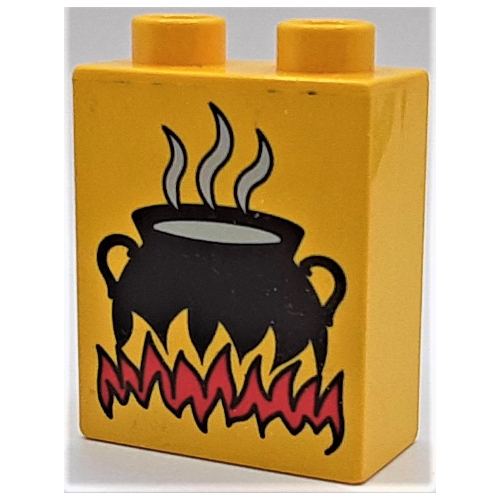 Lego Duplo Brick 1 x 2 x 2 with Cooking Pot on Flames Print / Yellow