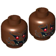 Minifig Head Man-Bat, Red Eyes, Fangs, Fur, Smiling / Worried Print / Reddish Brown