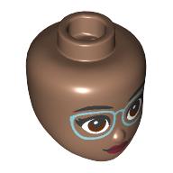 Lego Minidoll Head Bright Light Blue Glasses, Dark Red Lips / Medium Brown