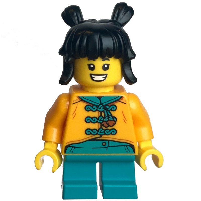 Lego Kid - Bright Light Orange Torso, Dark Turquoise Legs, Black Hair