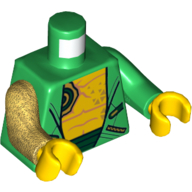 Lego Torso, Odd Arms, Hoodie, Open over Bare Chest, Dark Green Belt Print, Left Green Arm, Right Pearl Gold Arm, Yellow Hands / Green