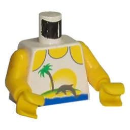 Torso, Tank Top, Palm Tree and Dolphin Print, Yellow Arms and Hands / White