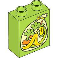 Lego Duplo Brick 1 x 2 x 2 with Trash Bag, Banana Peel, Apple Core, Carrot Tops print / Lime