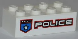 Brick 2 x 4 with Police White Star Badge and White 'POLICE' with Red Outline Pattern Model Left Side (Sticker) - Set 8301