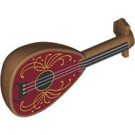 Lego Musical Instrument Lute with Silver Strings, Gold Decorations on Dark Red/Black Background print / Medium Nougat