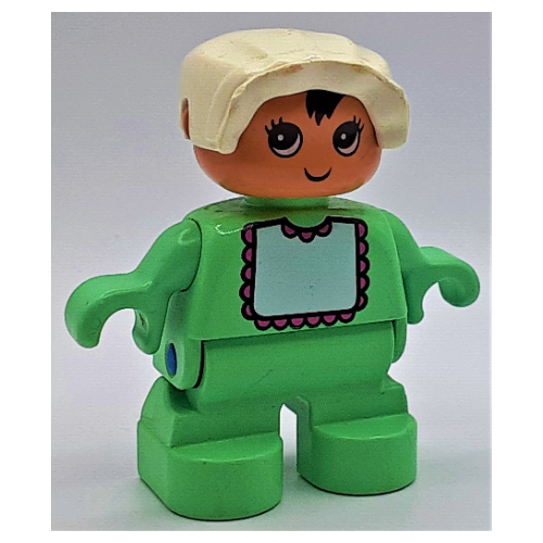 Lego Duplo Figure, Early Child, with Bonnet White, Medium Green Legs, White Bib with Dark Pink Lace Print / Medium Green