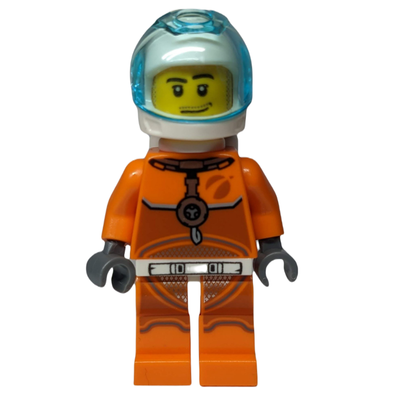 Lego Astronaut - Orange Torso and Legs, White Helmet, Trans-Light Blue Visor, Stubble